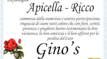 Commosso ringraziamento della famiglia Apicella-Ricco per l’affetto ricevuto