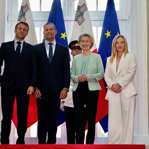 Vertice EU MED9, il Presidente Meloni con Ursula von der Leyen, Robert Abela ed Emmanuel Macron<br />&copy; Governo