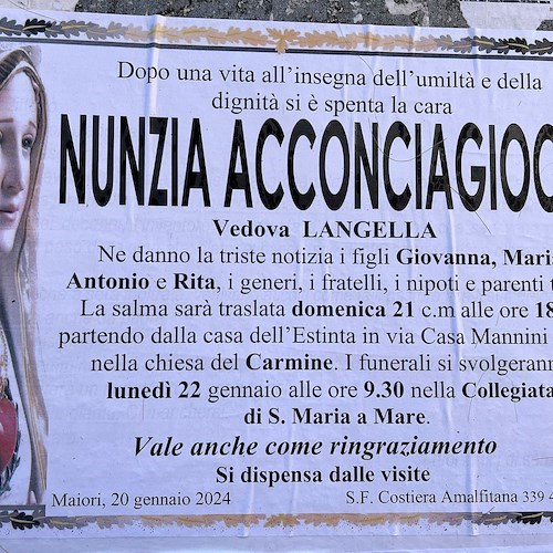 Maiori piange Nunzia Acconciagioco, vedova Langella